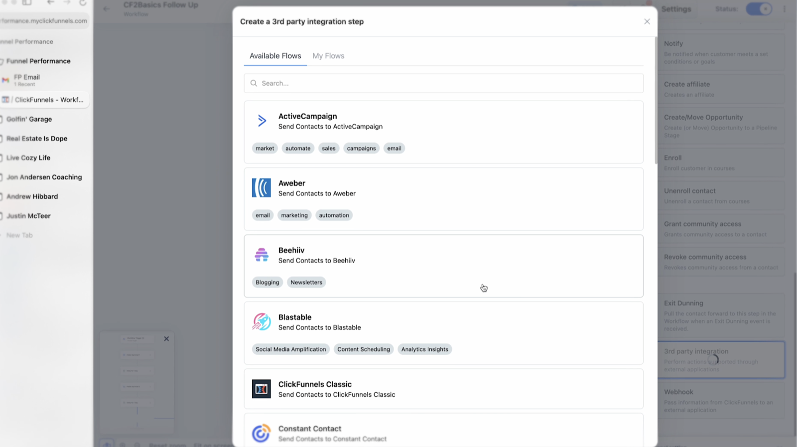 Création d'une étape d'intégration tierce dans un workflow ClickFunnels