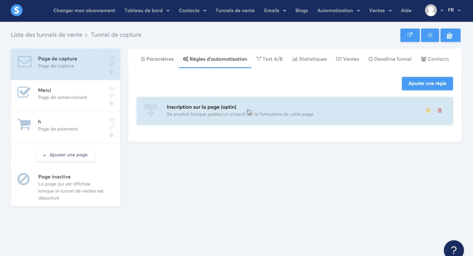 Règle d'automatisation déclenchée par une inscription (optin) sur une page Systeme.io